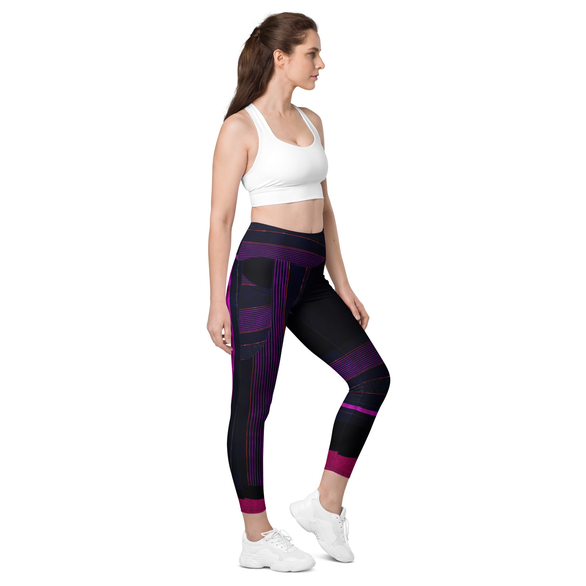 Black Gym Leggings with Pockets. Purple Pin Stripes Dance Leggings. Crossover Waist Yoga Pants. "Peppermint" by WickedYo.